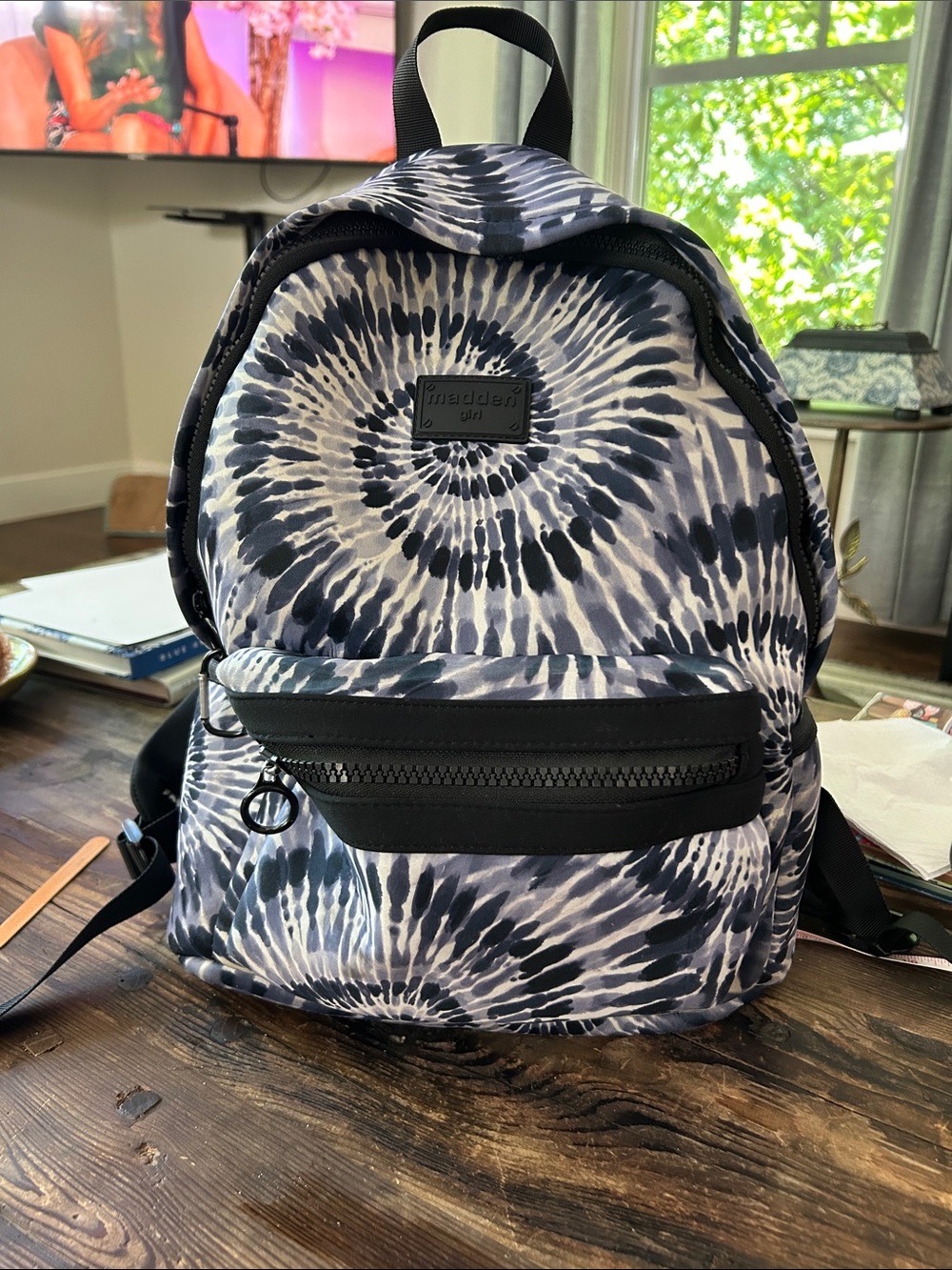 Madden Girl Blue, Black & White Spiral Tie-Dye Backpack